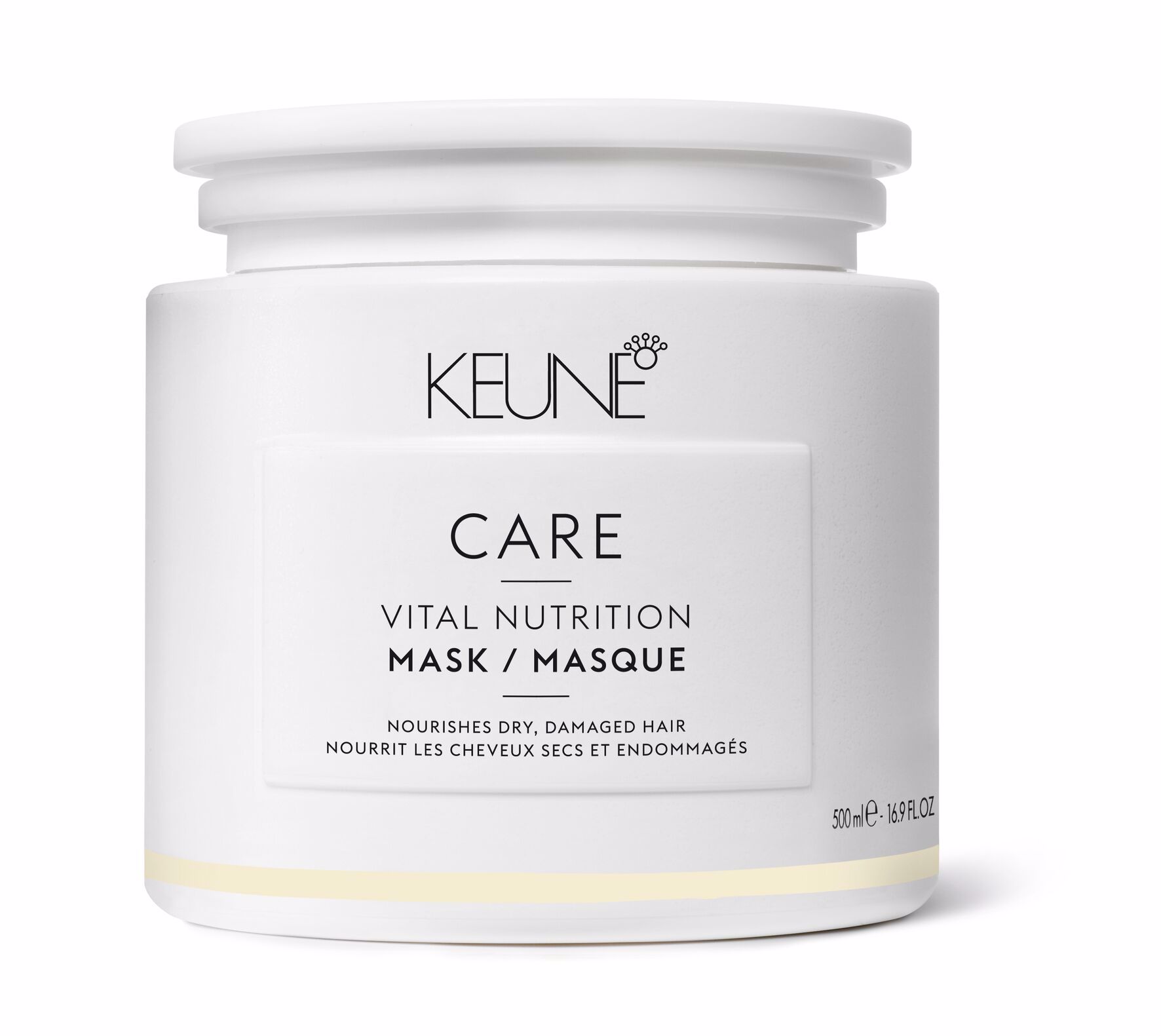 Idéale pour les cheveux secs, ternes et abîmés, le Vital Nutrition Mask lisse, renforce et apporte de la brillance. Disponible sur keune.ch.